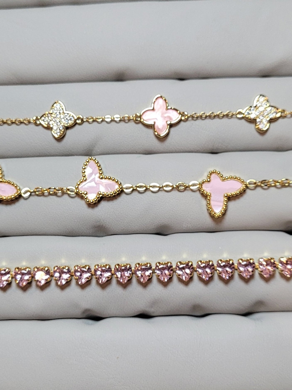3 Gold Pink Clover & Heart Crystal Bracelets -New